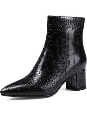 Women Crocodile Black Pointed Toe Comfortable Chunky Heel Side Zipper Ankle Boot